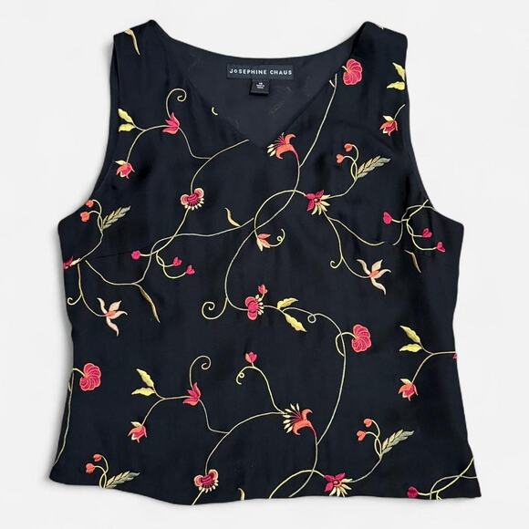 Josephine Chaus Black Silk & Multicolor Floral Embroidered V Neck Dark Fairy Top - Picture 6 of 8